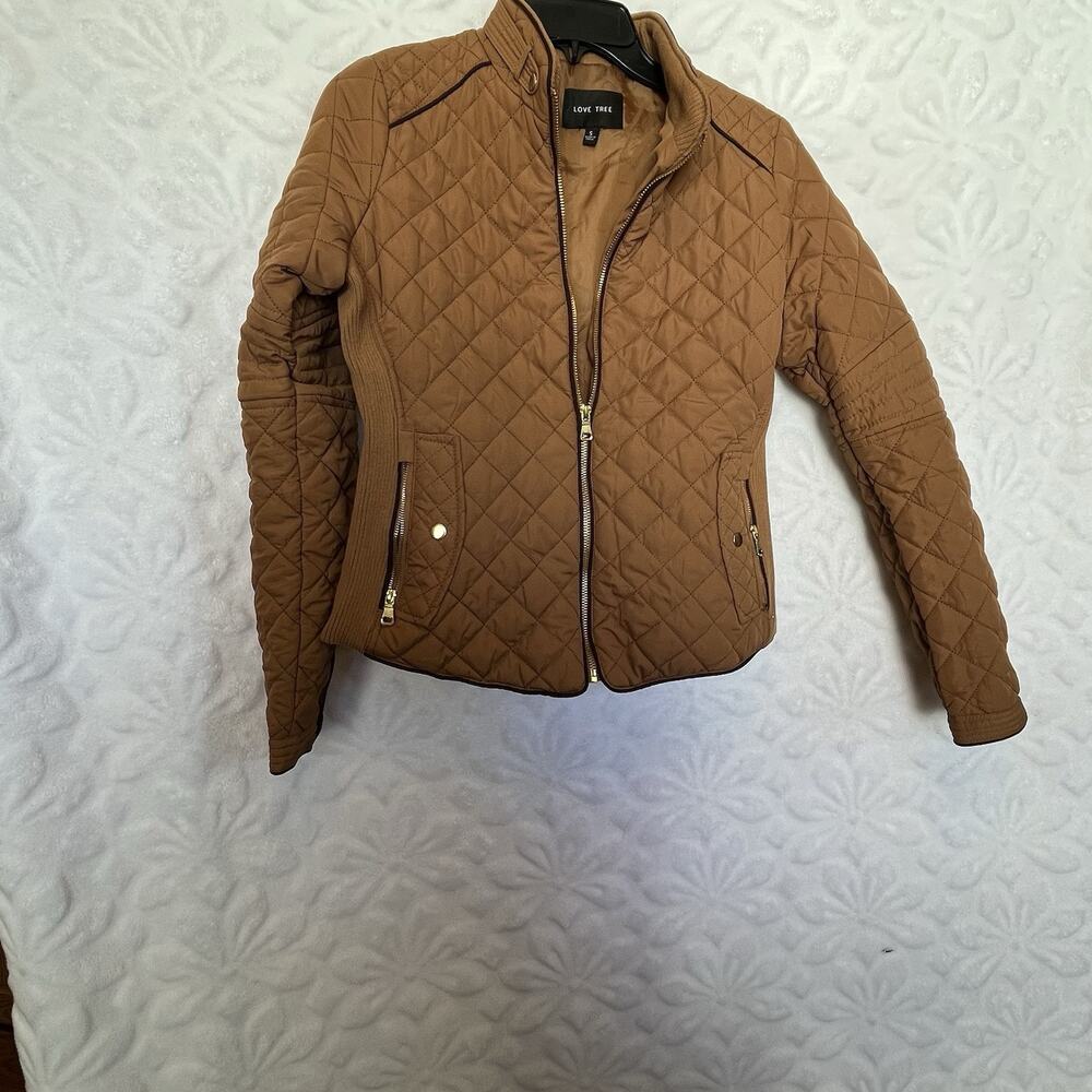 Love Tree Tan  full zip Jacket Quilted gold hardware zipper pockets NWOT size S